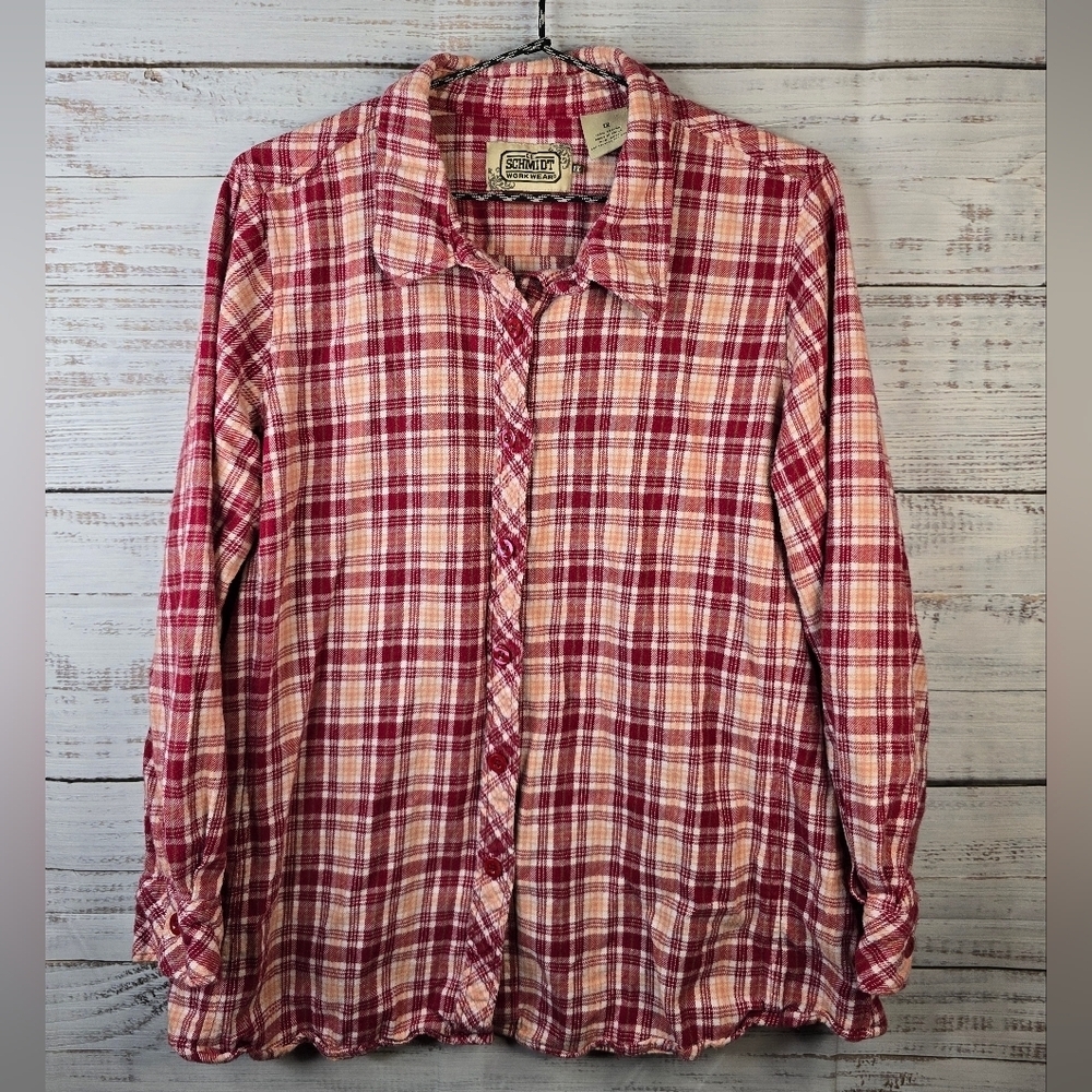 Womens Schmidt Workwear Plus Size Womens 1X Longsleeve Plaid Red Coral White